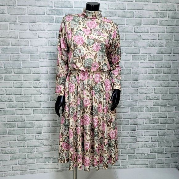Vintage 80s 90s Stuart Alan Petites Cottagecore Rose Floral‎ Flannel L/S Dress - Picture 1 of 11